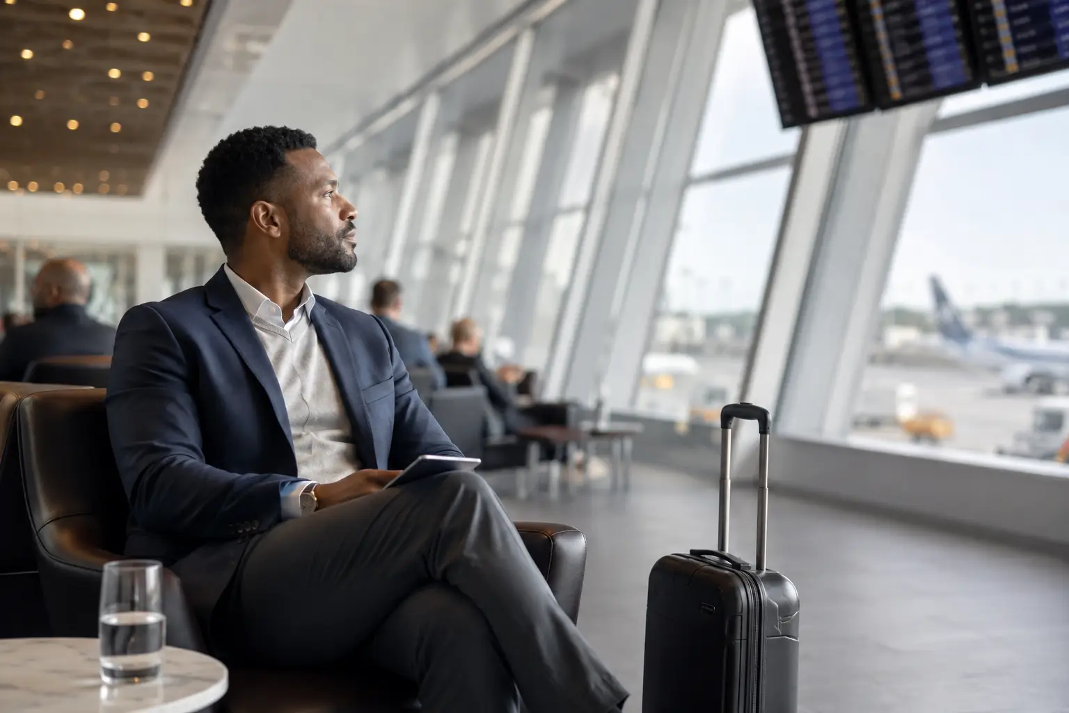 A black businessman waiting at airport departure